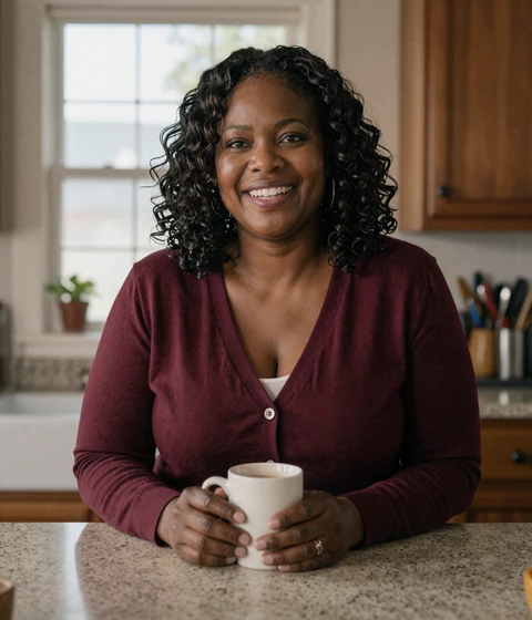 African American woman laughing warmly in a kitchen with coffee, showing authentic everyday moments on a mature dating site