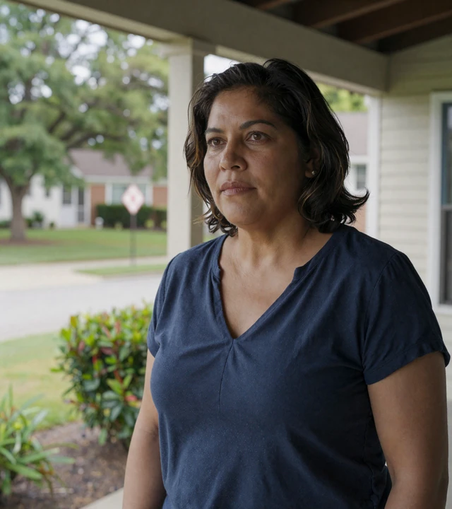 Mature Latina woman standing thoughtfully on a porch, illustrating the safe and private experience of a dating platform for men over 45