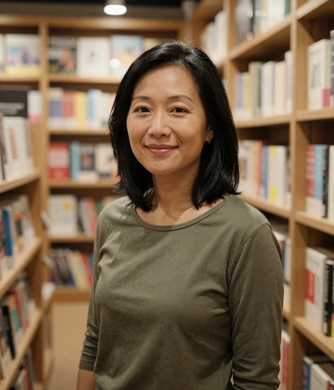 Asian American woman browsing in a bookstore, representing thoughtful members seeking serious relationships on a trusted dating platform