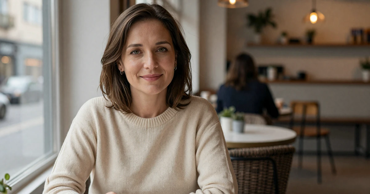 Mature woman smiling warmly at a cafe table, representing authentic connections on a trusted dating platform for men over 45