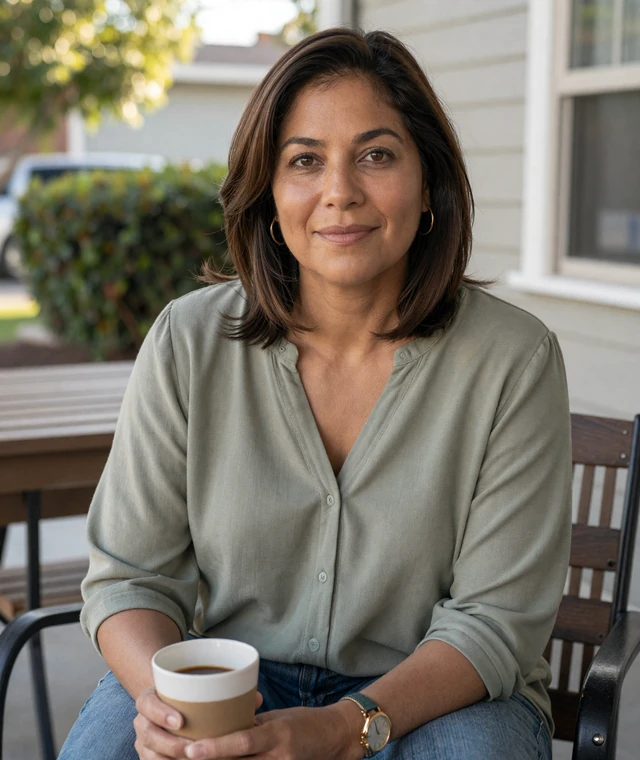 Mature woman checking her phone privately in a quiet living room, illustrating discretion and data protection on a trusted dating site for men over 45