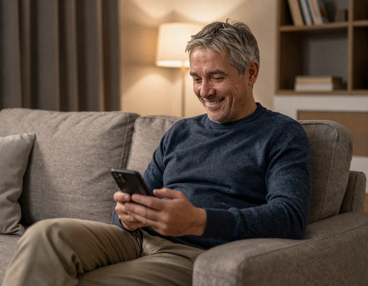 Mature man in his mid-fifties using a smartphone comfortably at home, illustrating how easy dating signup works on a trusted platform