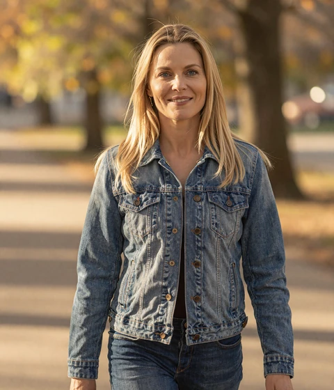 Mature blonde woman walking through an autumn park, representing active lifestyle members on a dating platform for men over 45