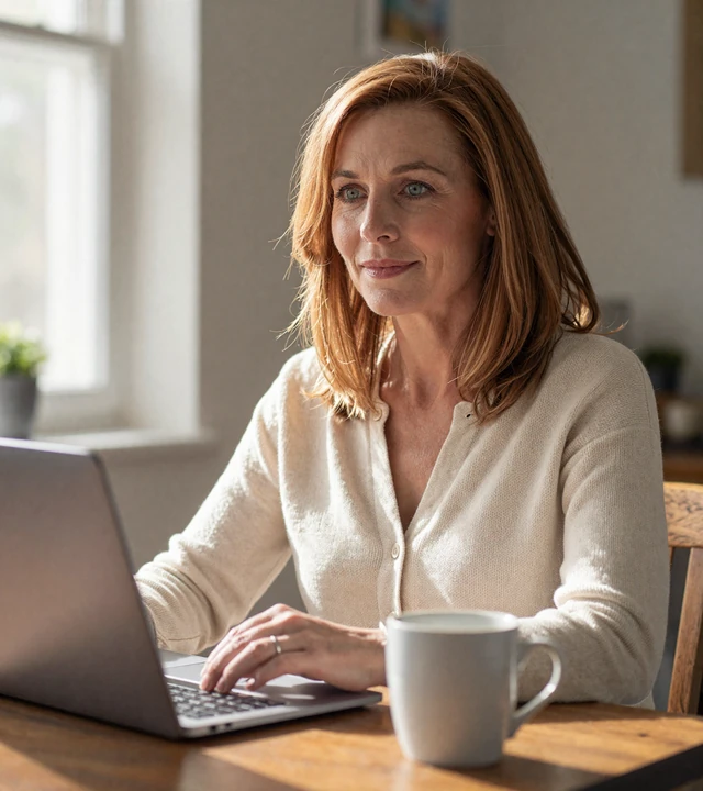 Mature woman setting up her dating profile on a laptop at a kitchen table, representing the simple registration process on a mature dating platform